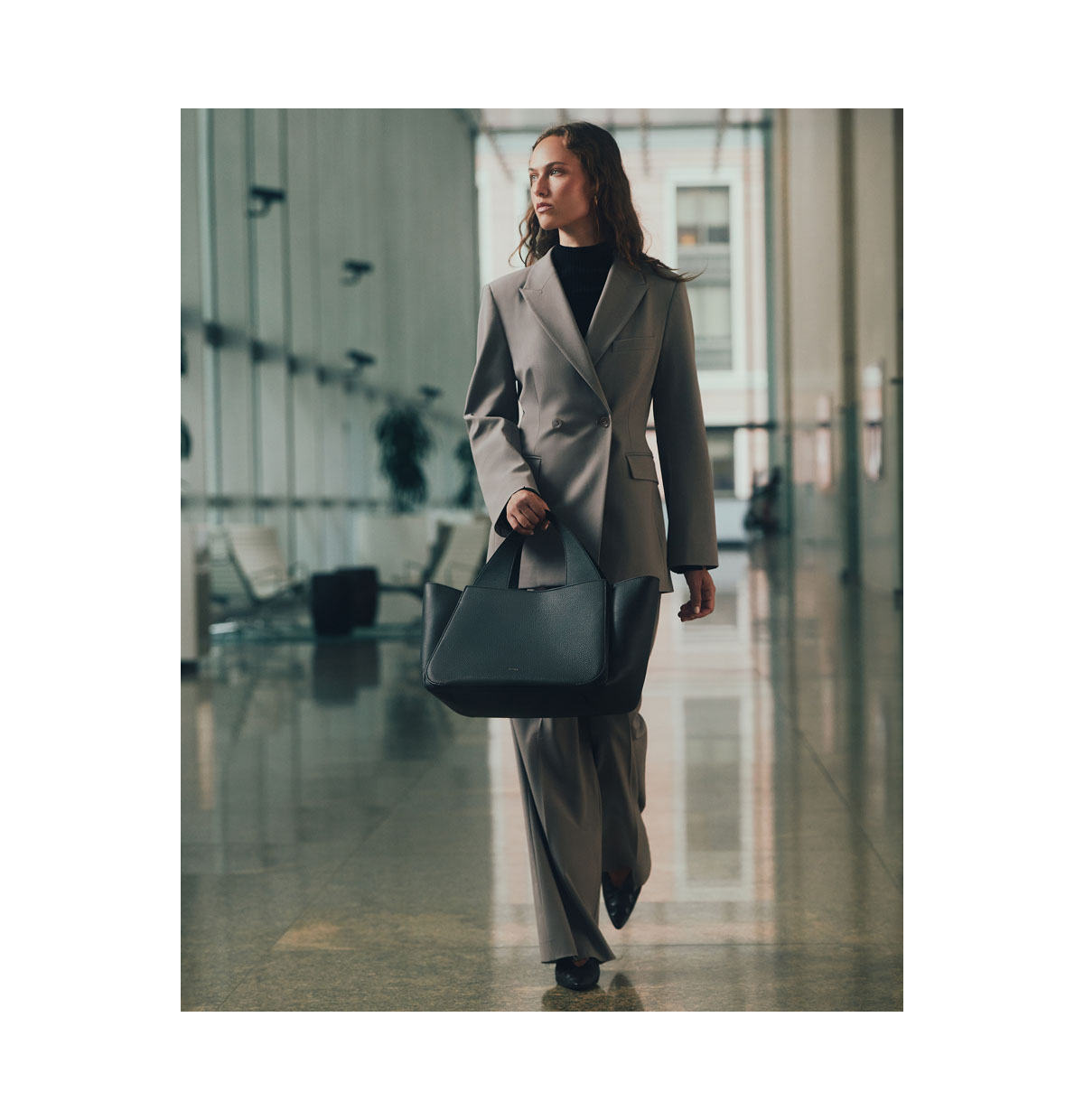 Wool Cinched Blazer Clay, Wool Wide Leg Pant Clay, Mila Satchel Black.