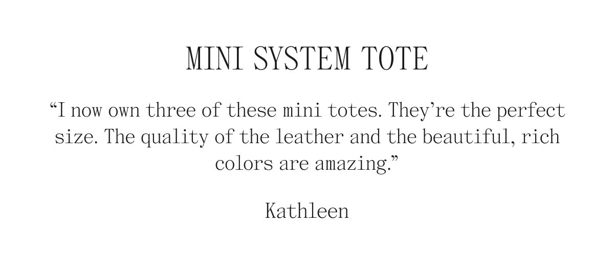 Mini System Tote "I now own three of these mini totes. They're the perfect size. The quality of the leather and the beautiful, rich colors are amazing." Kathleen