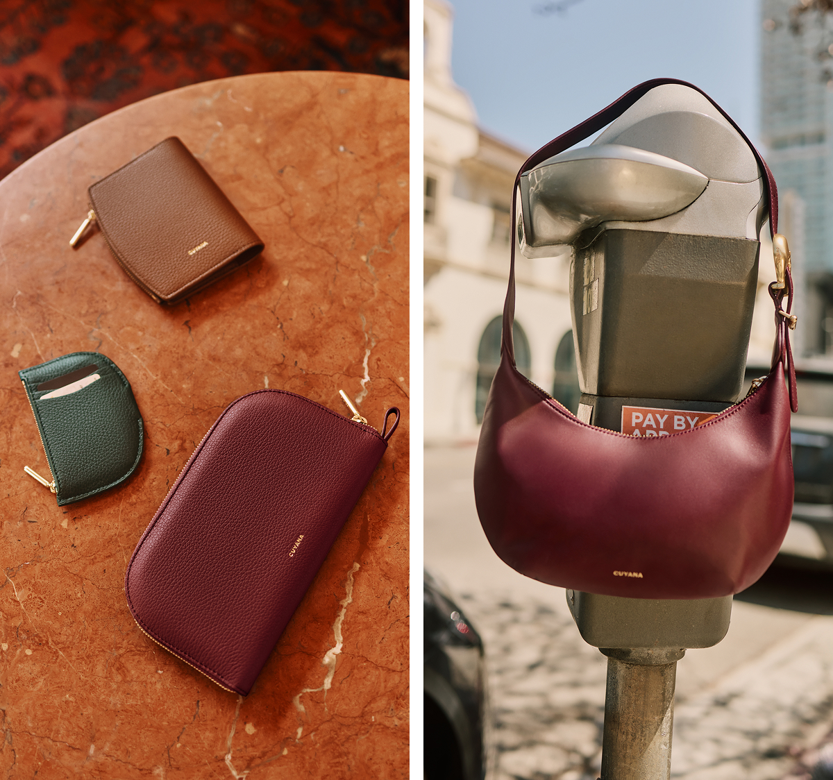 Passport Wallet Dark Chestnut, Cardholder Forest, Curved Zip Wallet Cherry, Mini Celestia Bag Cherry