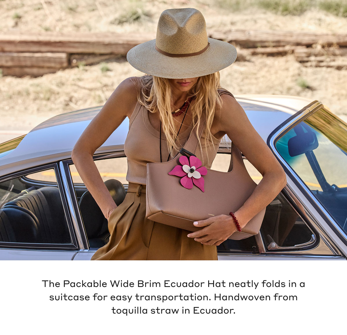 The Packable Wide Brim Ecuador Hat neatly folds in a suitcase for easy transportation. Handwoven from toquilla straw in Ecuador.