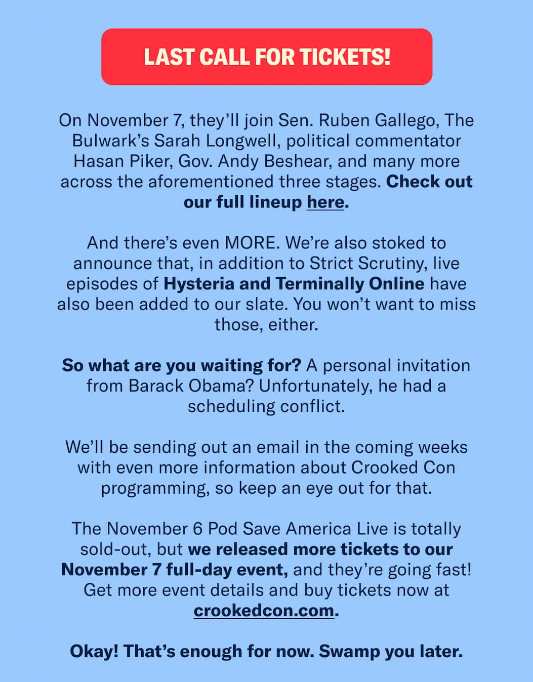LAST CALL FOR TICKETS!