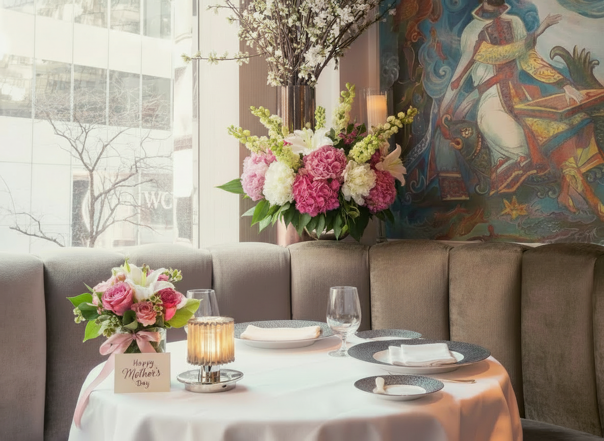 A table set for Mother's Day with flowers, a card, and place settings.
