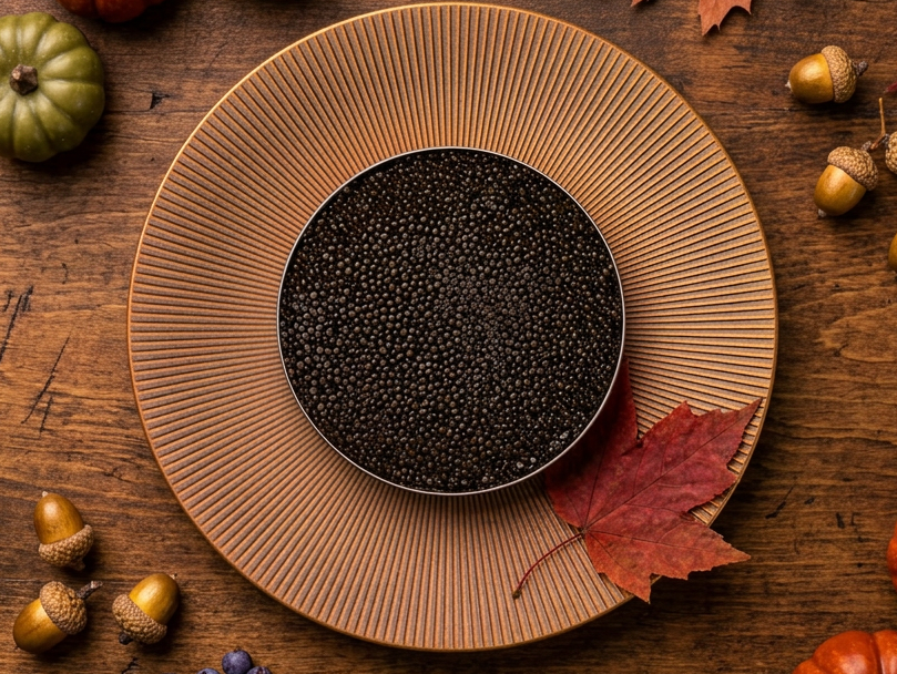A bowl of black caviar sits on a wooden table with autumn decorations.
