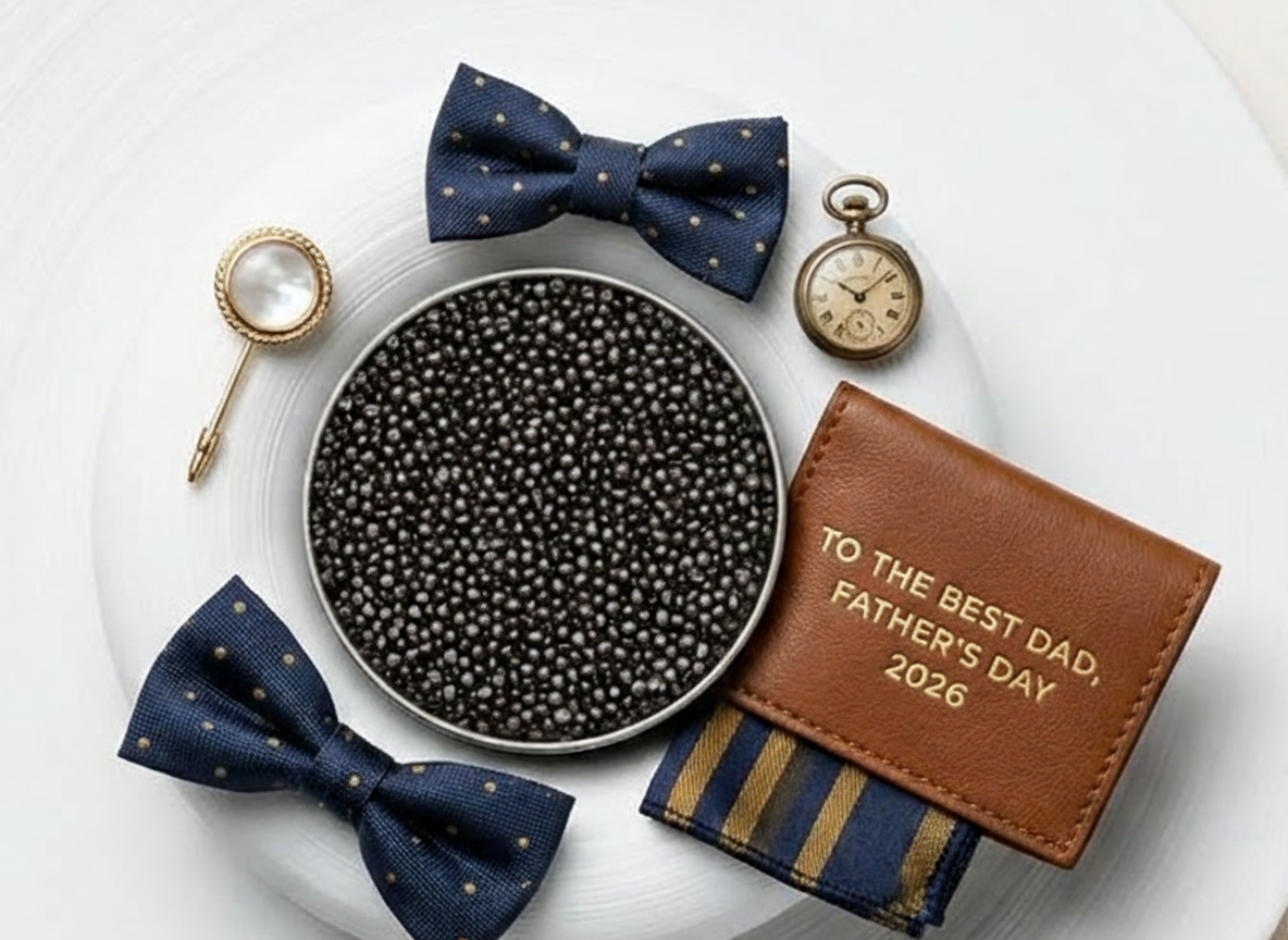 Father's Day gift set with caviar, bow ties, pocket watch, and personalized wallet.