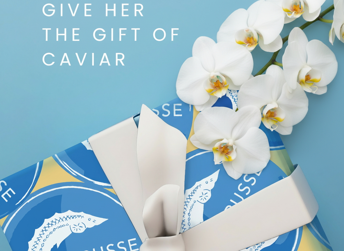 A gift box wrapped in blue and yellow paper with white orchids and the text "GIVE HER THE GIFT OF CAVIAR".