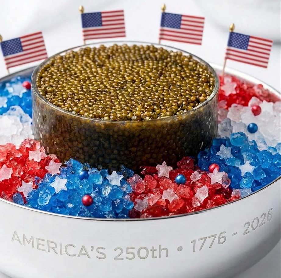Caviar in a bowl with red, white, and blue ice, decorated with American flags.