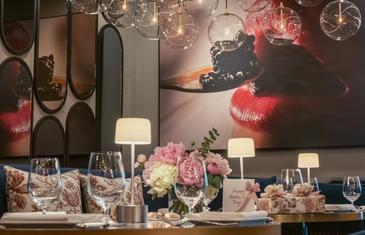 A table set for Mother's Day with flowers, gifts, and a large artwork of lips and caviar.