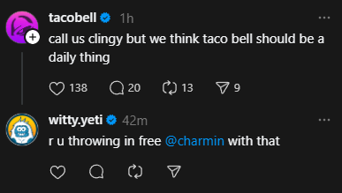 Witty Yeti making a sarcastic response to a Threads post by Taco Bell