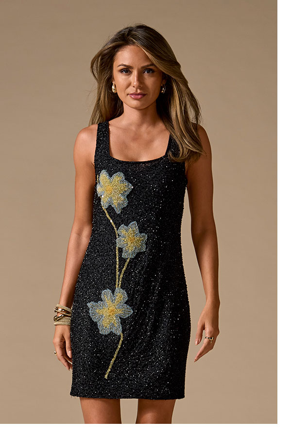 All Over Beaded Placed Floral Stretch Sheath Dress