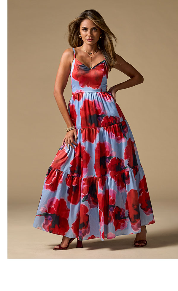 Watercolor Floral Tiered Maxi Gown
