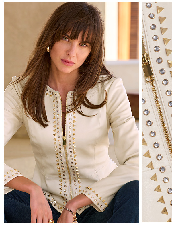 Crystal and Stud Trim Faux Leather Zip Up Peplum Jacket
