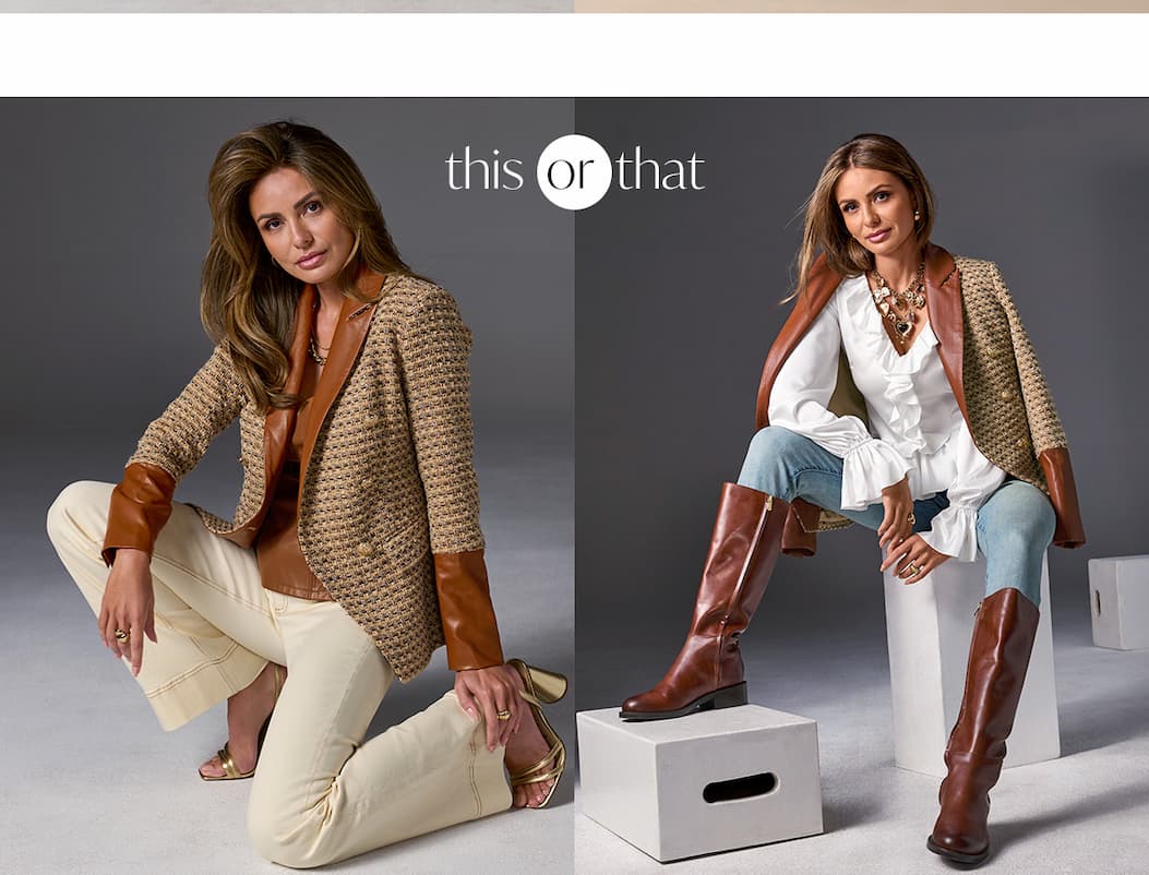 Faux Leather Trim Neutral Tweed Double Breasted Blazer