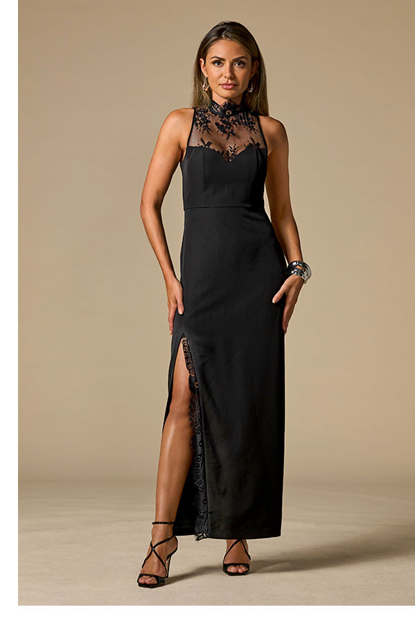 Delicate Lace Mock Neck Slit Maxi Dress
