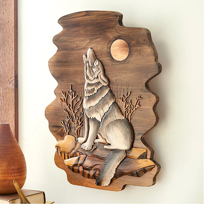 Howling Wolf Carved Wood Wall Art