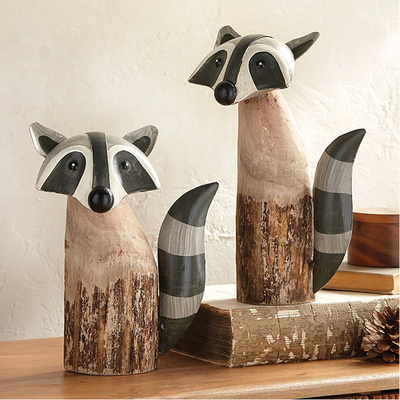 Racoon Carved Wood & Metal Sculptures - Set of 2