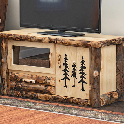 Aspen Log TV Stand with Carved Trees