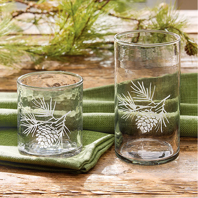 Hand-Blown Etched Pinecones Glassware
