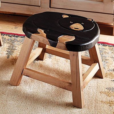 Hand-Carved Wood Bear Footstool