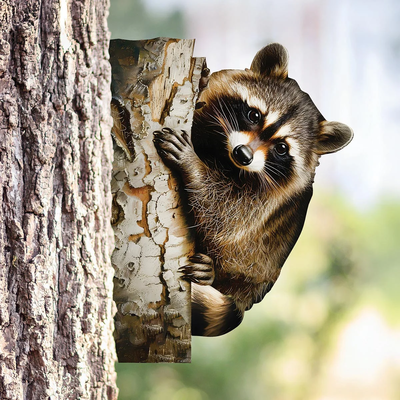 Racoon Peeking Tree Metal Art