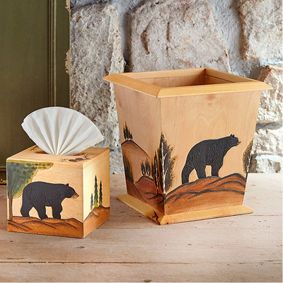 Bear Wilderness Wood Tissue Box & Waste Basket