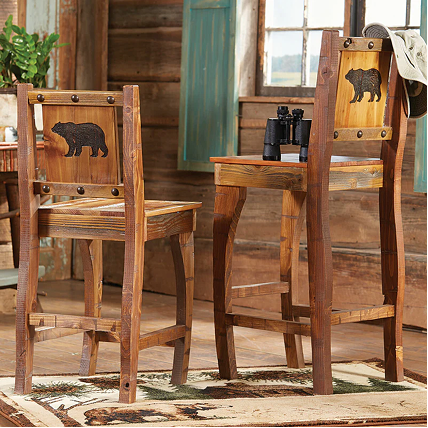 Barnwood Barstools w/ Carved Bear