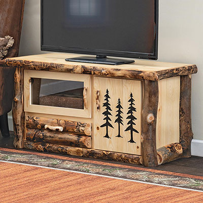 Aspen Log TV Stand with Carved Trees