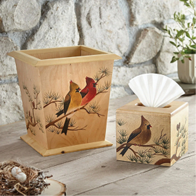 Cardinal Perch Wood Tissue Box & Waste Basket