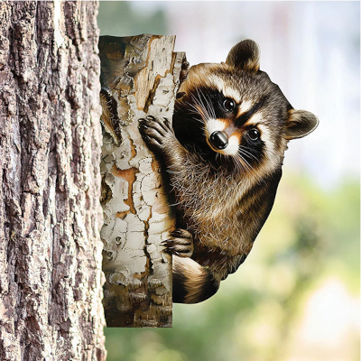 Racoon Peeking Tree Metal Art