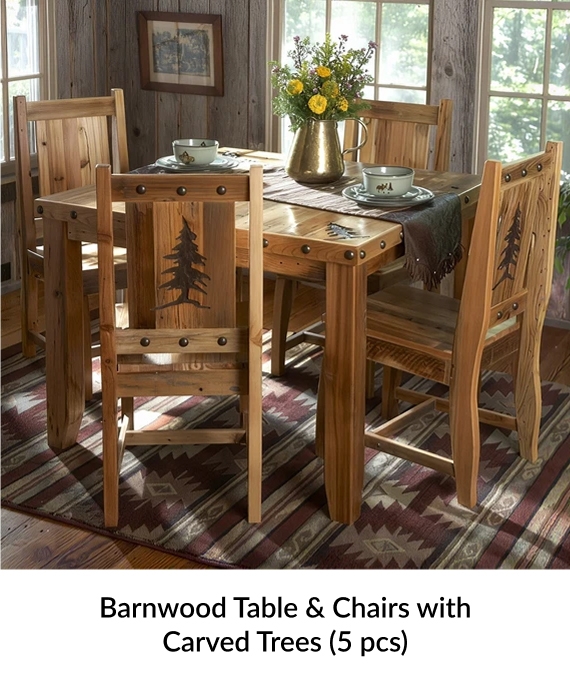 Barnwood Table & Chairs with Carved Trees (5 pcs)