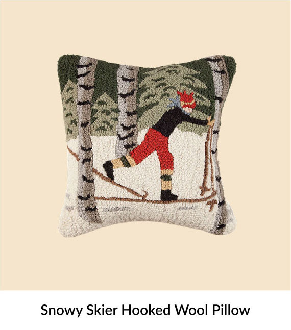 Snowy Skier Hooked Wool Pillow