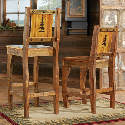 Barnwood Barstools w/ Carved Tree