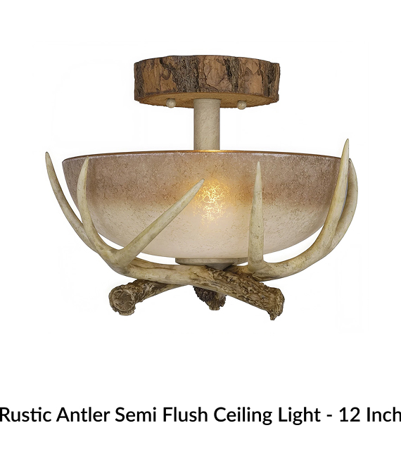 Rustic Antler Semi Flush Ceiling Light - 12 Inch