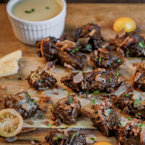 Shout Out: Sticky Cherry Tomato-Grapefruit Glazed Beef Bites with Bacon Crunch