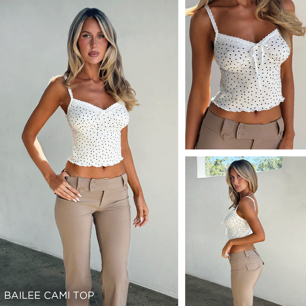 A person standing in front of a white wall wearing a white cami top with black polka dots and tan fitted flared Kittie Pants
