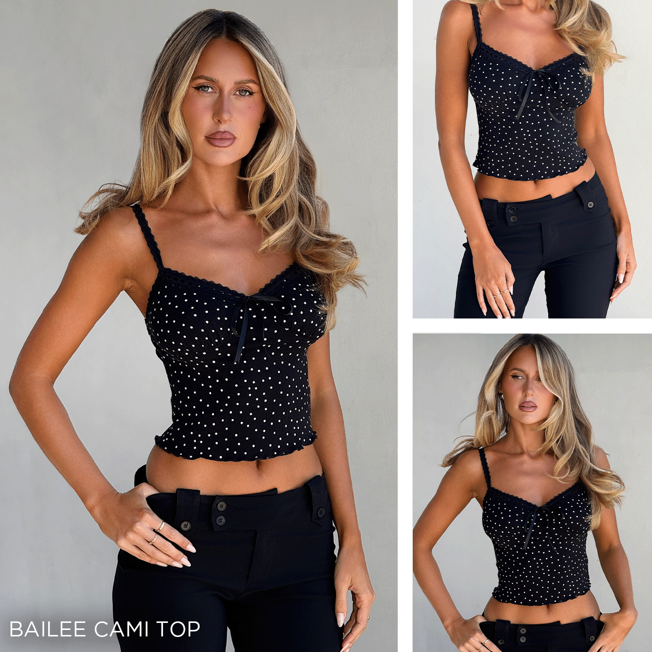 A person standing in front of a white wall wearing a black cami top with white polka dots and black fitted flared Kittie Pants