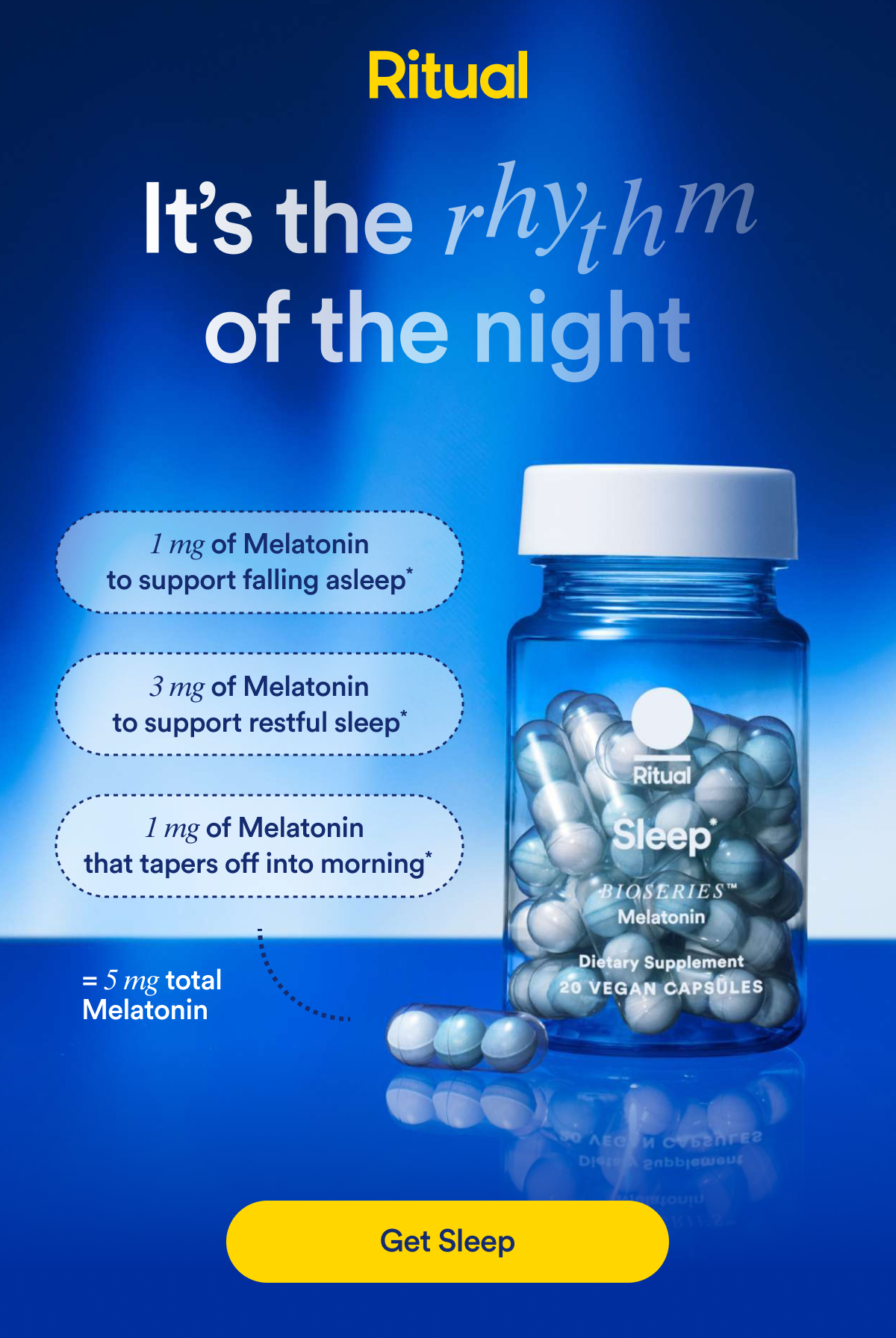Ritual: It's the rhythm of the night. 1 mg of Melatonin to support falling asleep* 3mg of Melatonin to support restful sleep* 1 mg of melatonin that tapers off into morning*= 5 mg total Melatonin. Button: Get Sleep