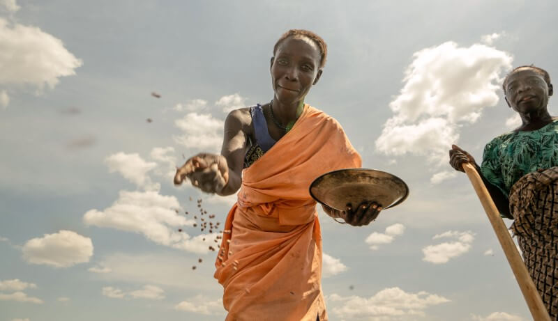 A woman sowing seeds from a metal bowl - the camera is looking up at her from the ground, with the seeds falling down. Behind her the sky is bright, with a few white fluffy clouds