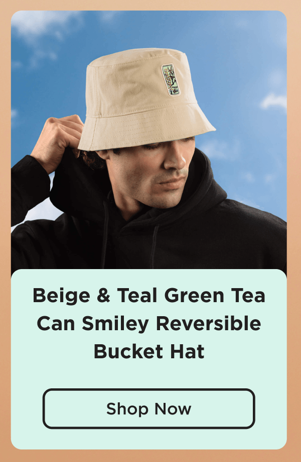 Beige & Teal Green Tea Can Smiley Reversible Bucket Hat. Shop Now.