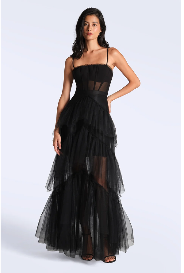 Oly Tiered Ruffle Tulle Evening Gown