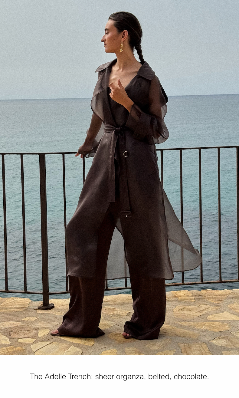 The Adelle: sheer organza, belted, chocolate. 