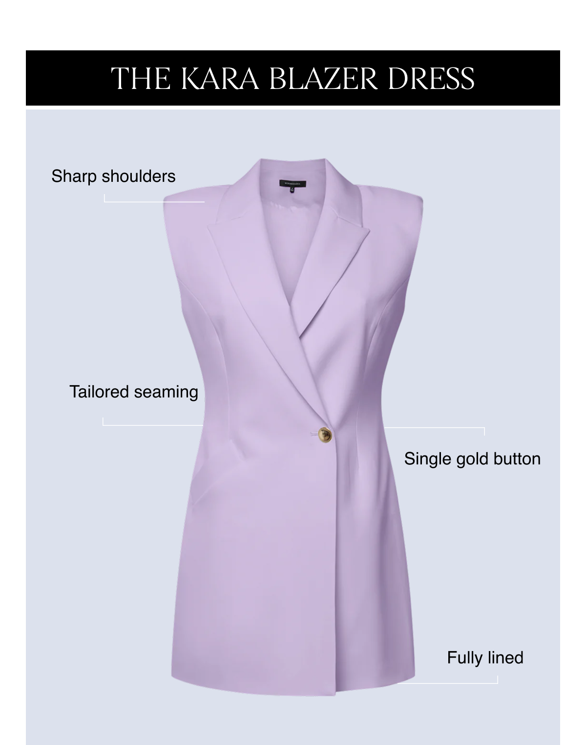 The Kara Blazer Dress | Sharp shoulders, tailored seaming, single gold button, fully lined