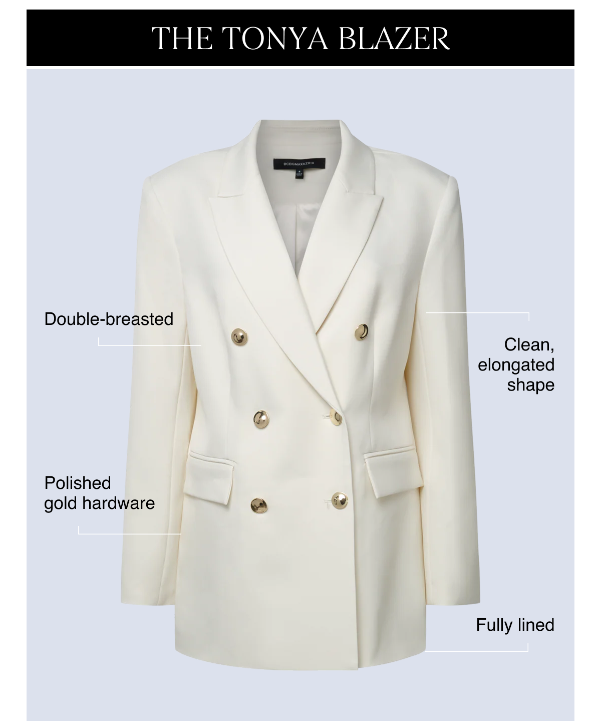 The Tonya Blazer | Double-breasted, plashed gold hardware, clean and elongated shape, fully lined 