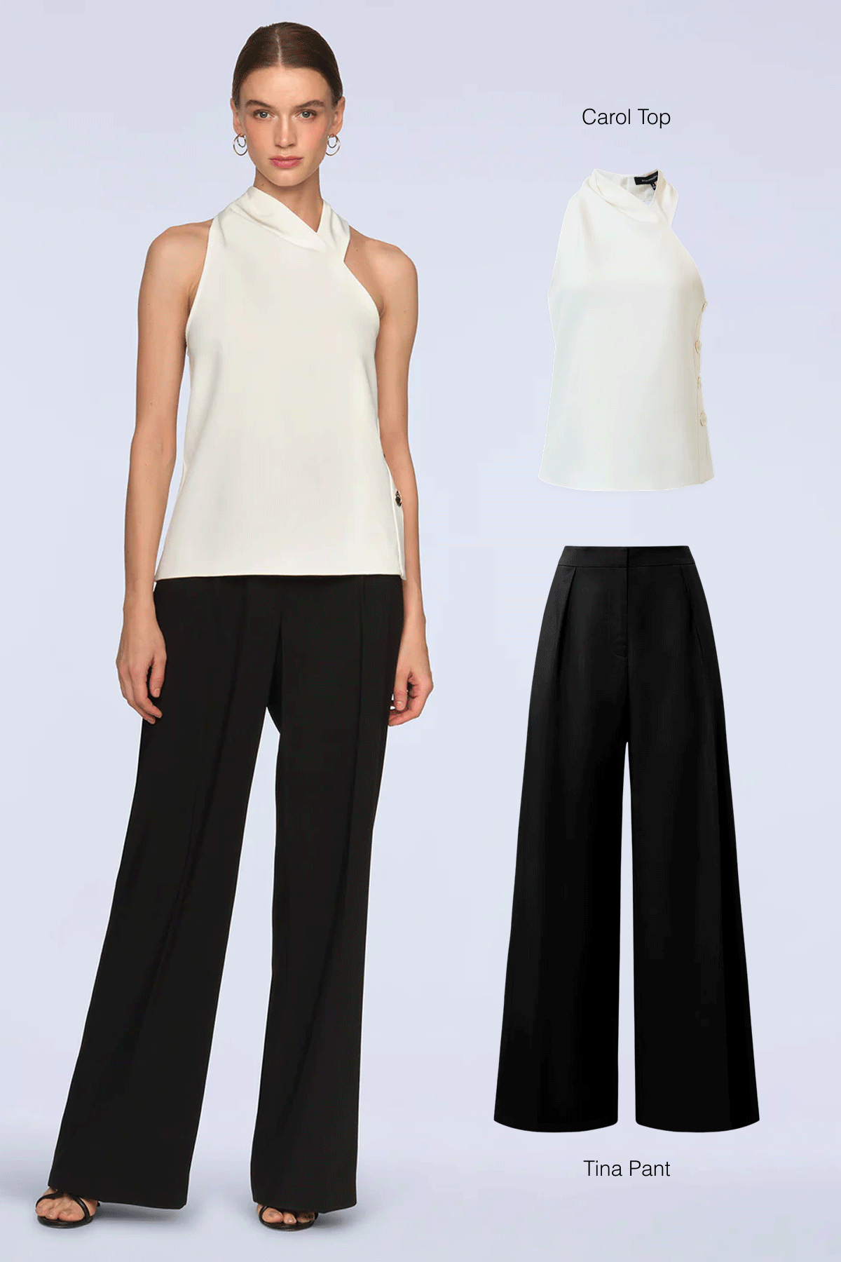 Clean lines, refined details, and versatile silhouettes make each piece effortless to style—equally strong with tailoring by day and just as impactful after dark. Shop the Carol Top 