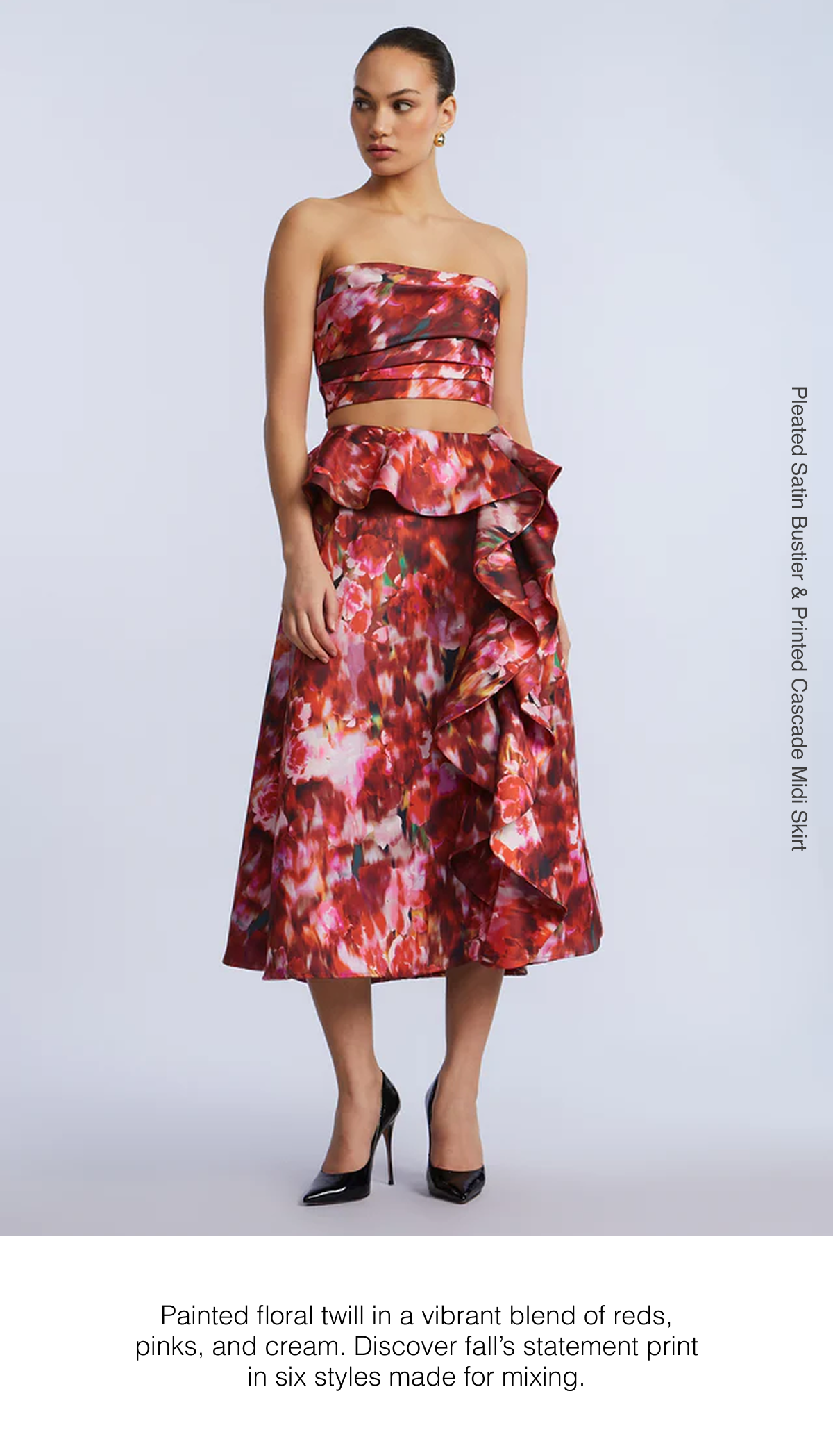 Painted floral twill in a vibrant blend of reds, pinks, and cream. Discover fall's statement print in six styles made for mixing. Shop the Pleated Satin Bustier