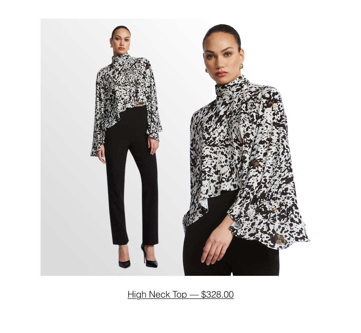 The Prints: The Dotty Print scatters bold black and white across fluid shapes. Playful in spirit yet modern in execution, it redefines the season's pattern play. Shop the High Neck Top