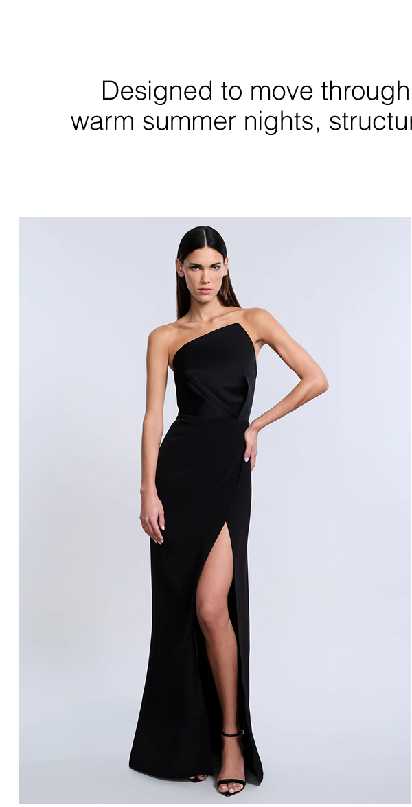 Designed to move through seasons; sleek enough for warm summer nights, structured enough for fall occasions. Shop the High Draped Slit Gown