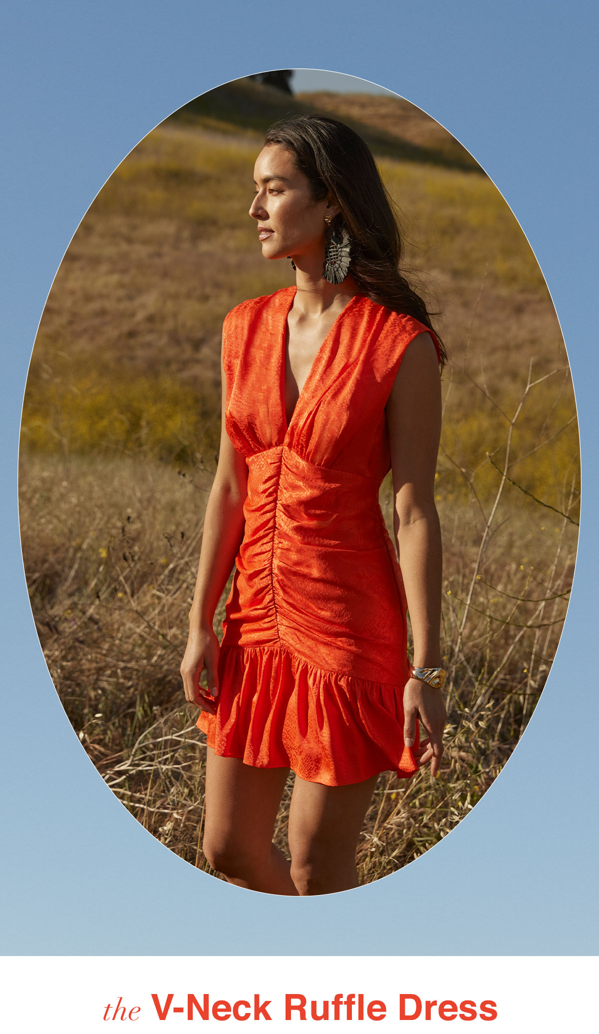 V-NECK RUFFLE HEM RUCHED EVENING DRESS