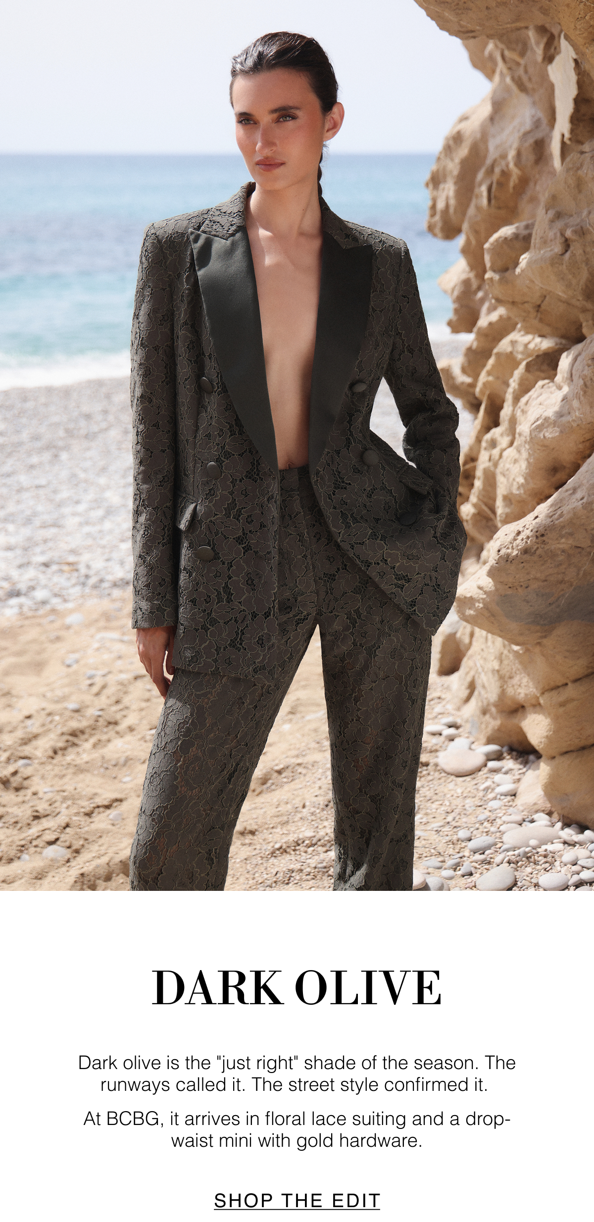 Dark Olive | Dark olive is the "just right" shade of the season. The runways called it. The street style confirmed it. At BCBG, it arrives in floral lace suiting and a drop-waist mini with gold hardware. 