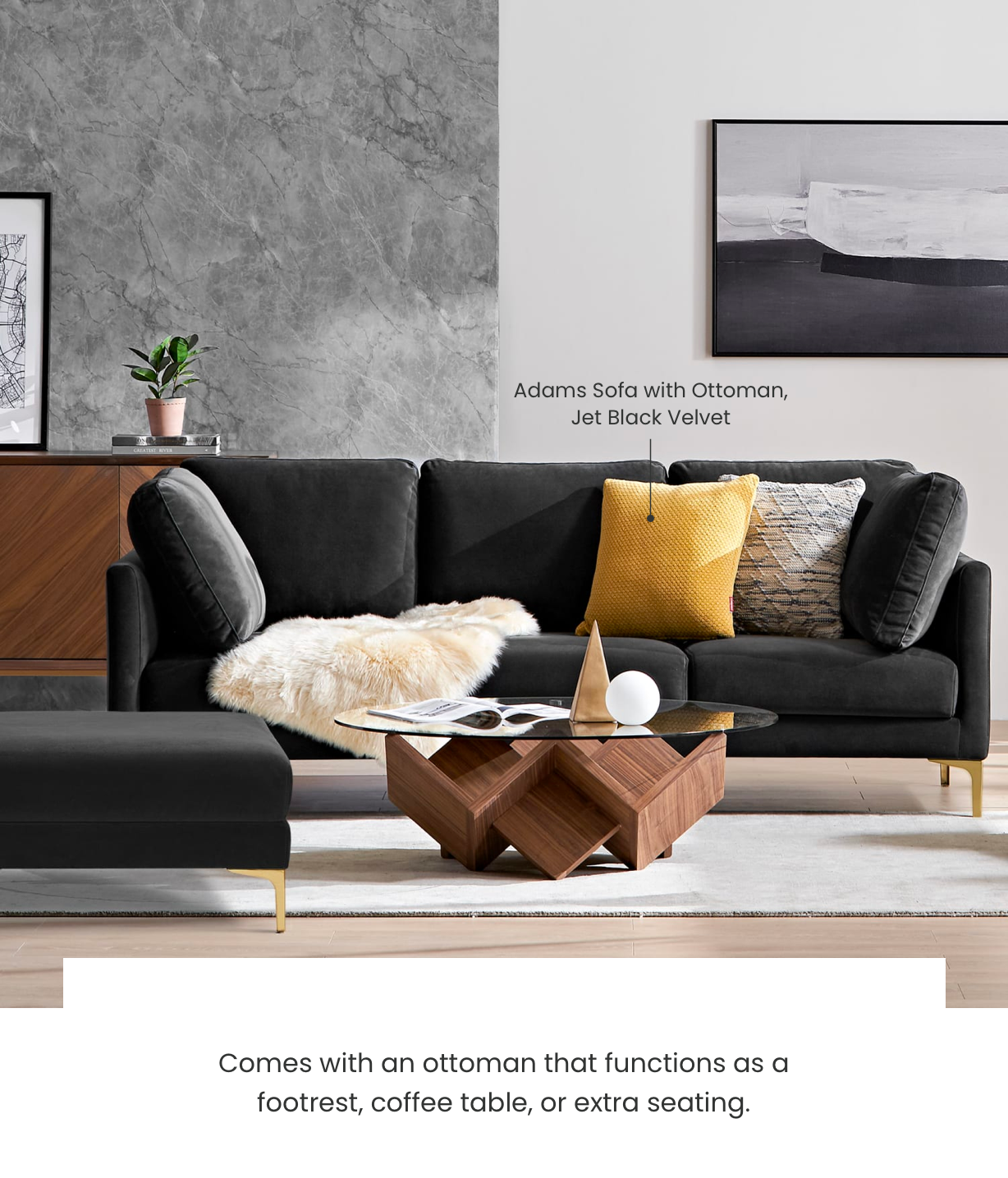 Comes with an ottoman that functions as a footrest, coffee table, or extra seating.
