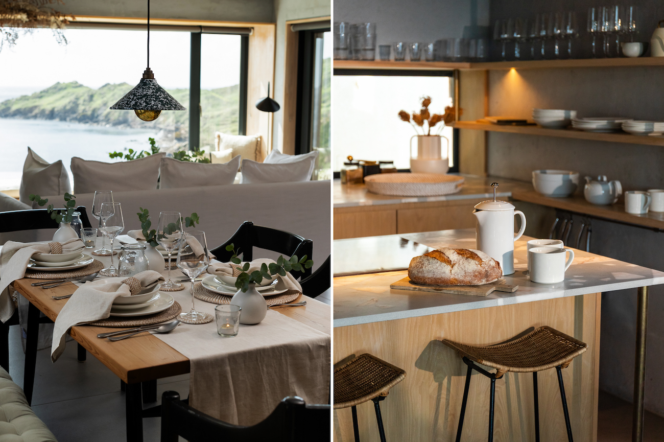 The bedroom and dining table at Ukiyo in Coverack, Cornwall